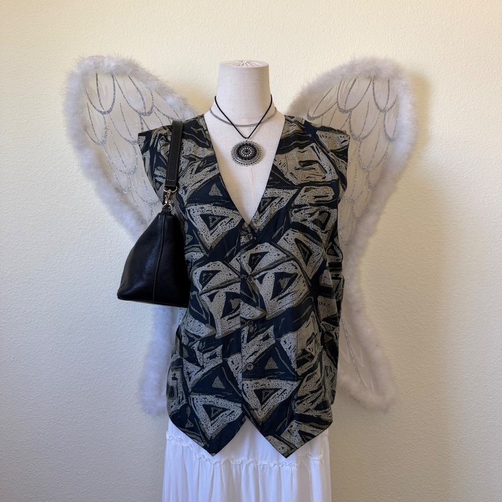 90s Funky Oversized Silk Vest‎ Large Abstract Geometric Print Black Green Y2K